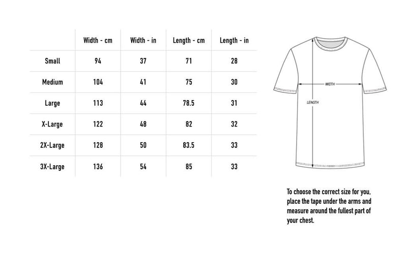 Size chart for 2018 World Tour Tee - Black