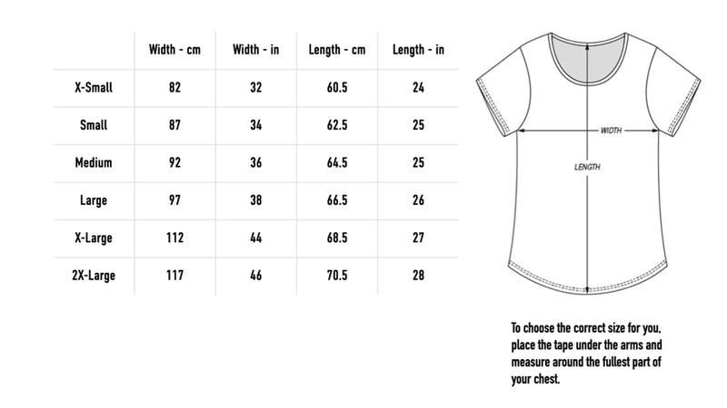 Size chart for Meaning Of I Ladies Tee - Black